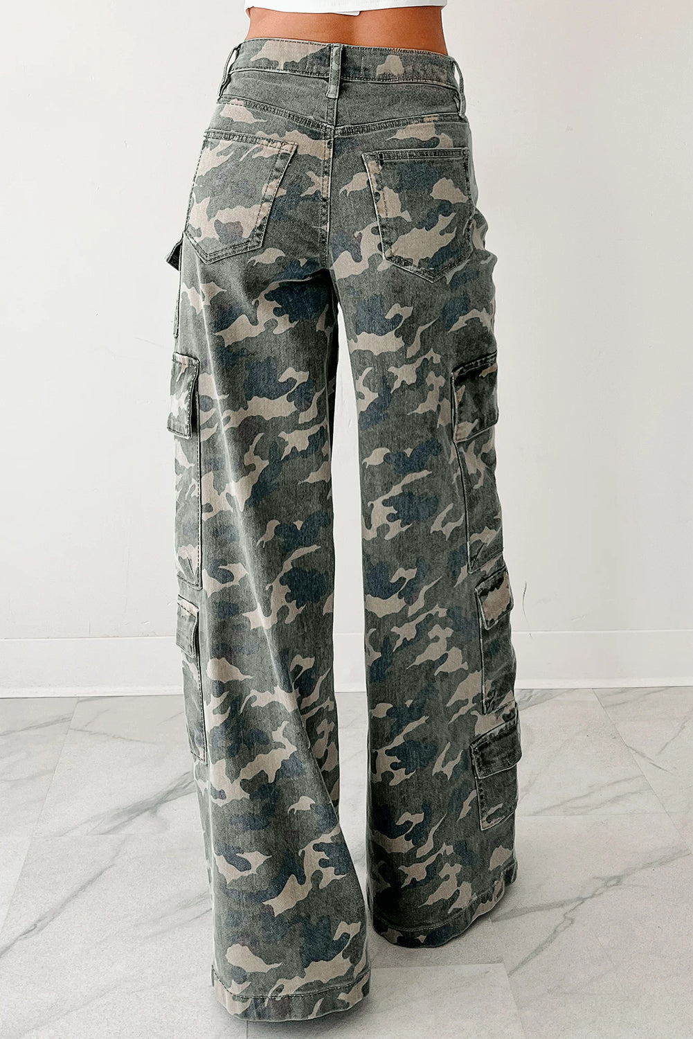 Green Camo Cargo Wide Leg Pants-Bottoms/Jeans-[Adult]-[Female]-2022 Online Blue Zone Planet