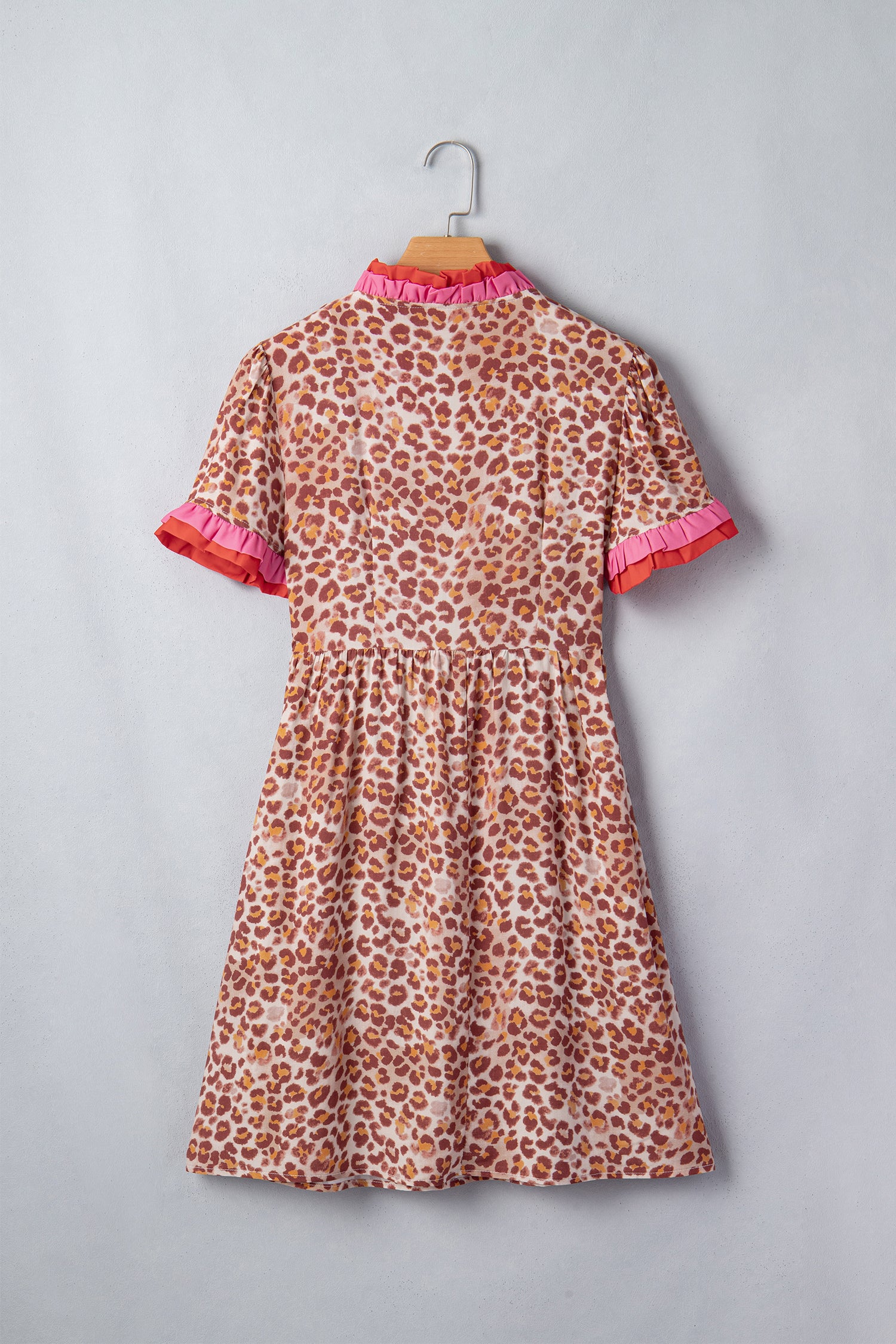 Khaki Leopard High Waist Ruffled Colorblock Trim Short Dress-TOPS / DRESSES-[Adult]-[Female]-2022 Online Blue Zone Planet