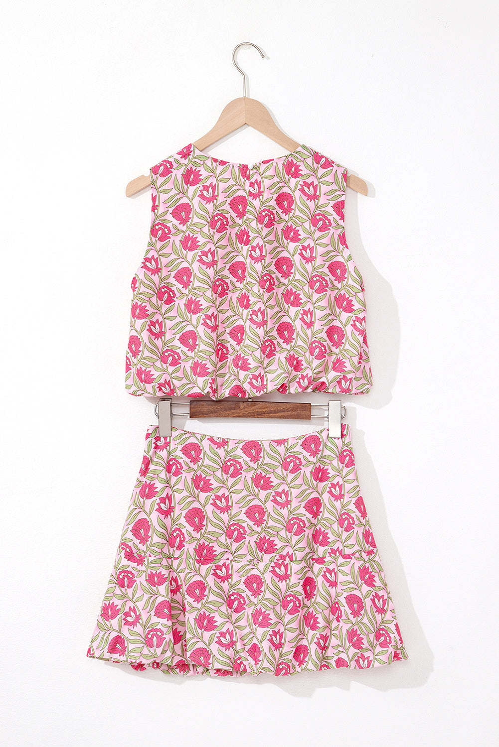 Pink Floral Print Puffy Cropped Tank and Mini Skirt Set-Two Piece Sets/Two Piece Dresses-[Adult]-[Female]-2022 Online Blue Zone Planet