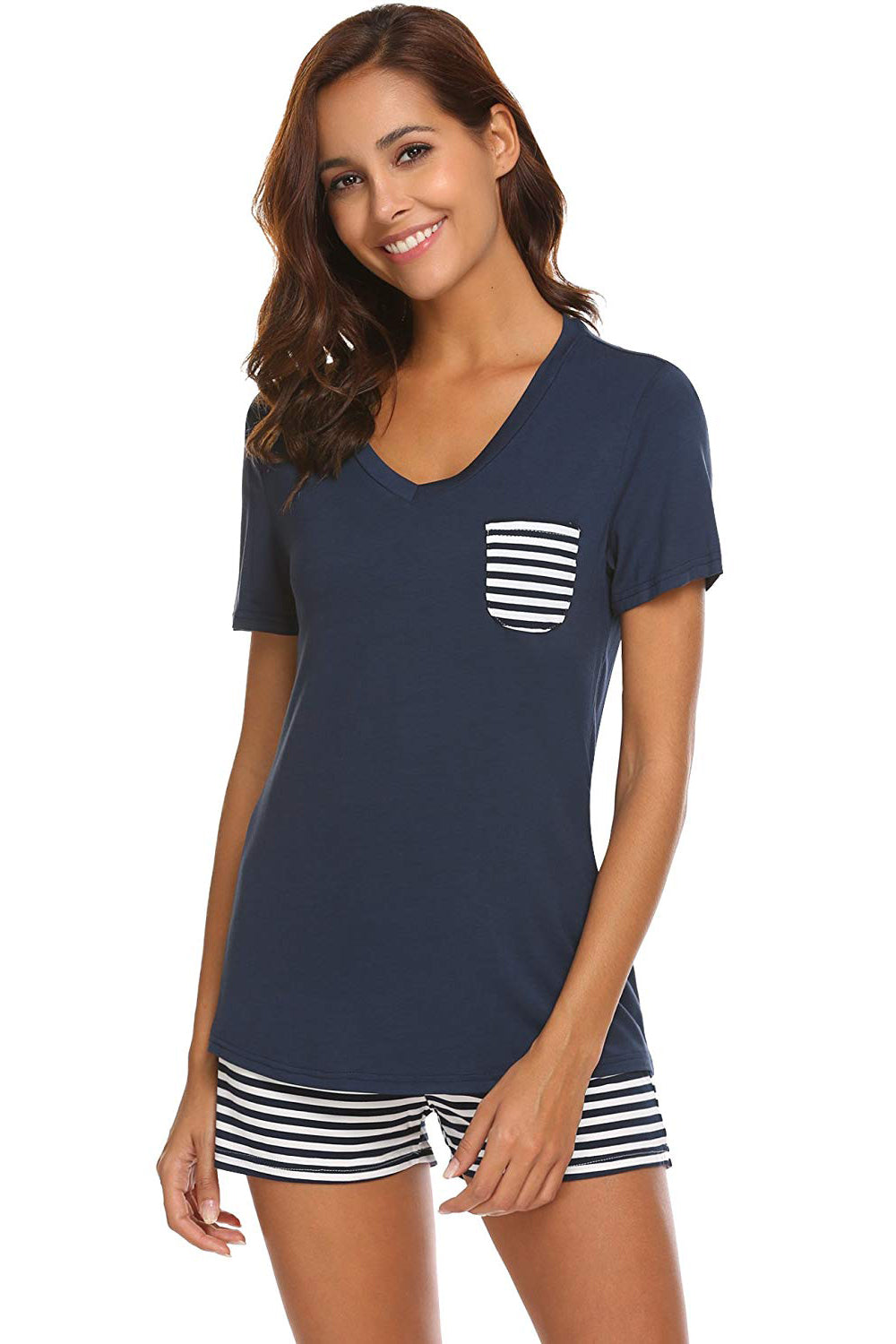 Striped Short Sleeve Top and Shorts Lounge Set-TOPS / DRESSES-[Adult]-[Female]-2022 Online Blue Zone Planet