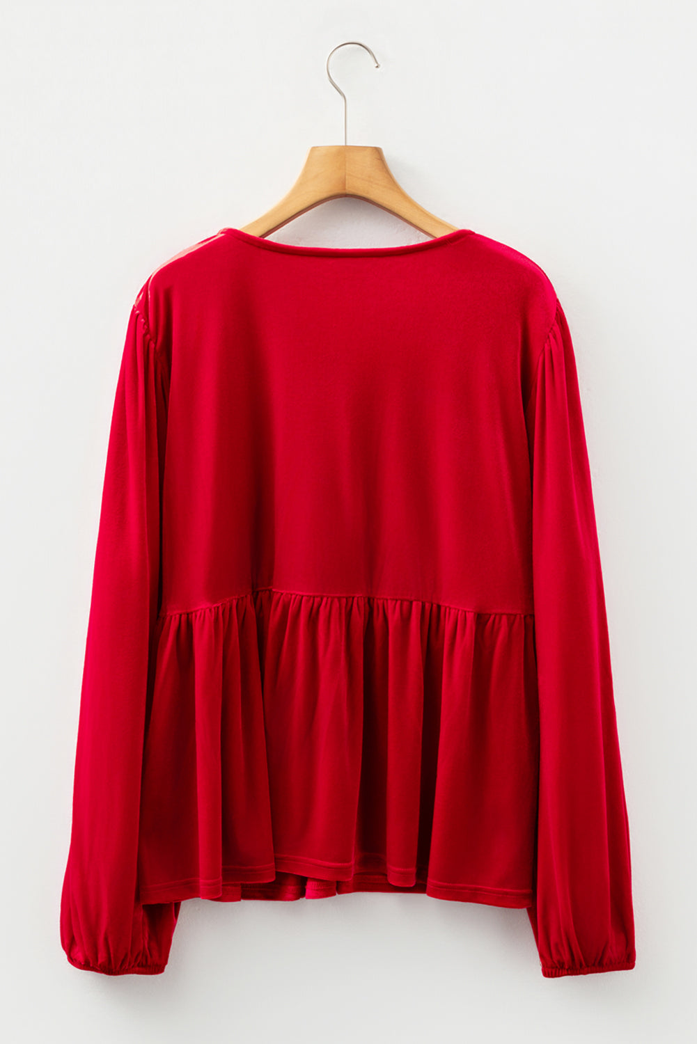 Red Clay Plus Size Tie Front Velvet Peplum Blouse-Plus Size/Plus Size Tops/Plus Size Blouses & Shirts-[Adult]-[Female]-2022 Online Blue Zone Planet