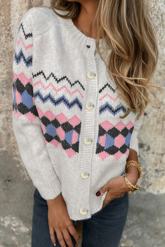 Pink Stripe Geometric Button Up Sweater Cardigan-TOPS / DRESSES-[Adult]-[Female]-2022 Online Blue Zone Planet