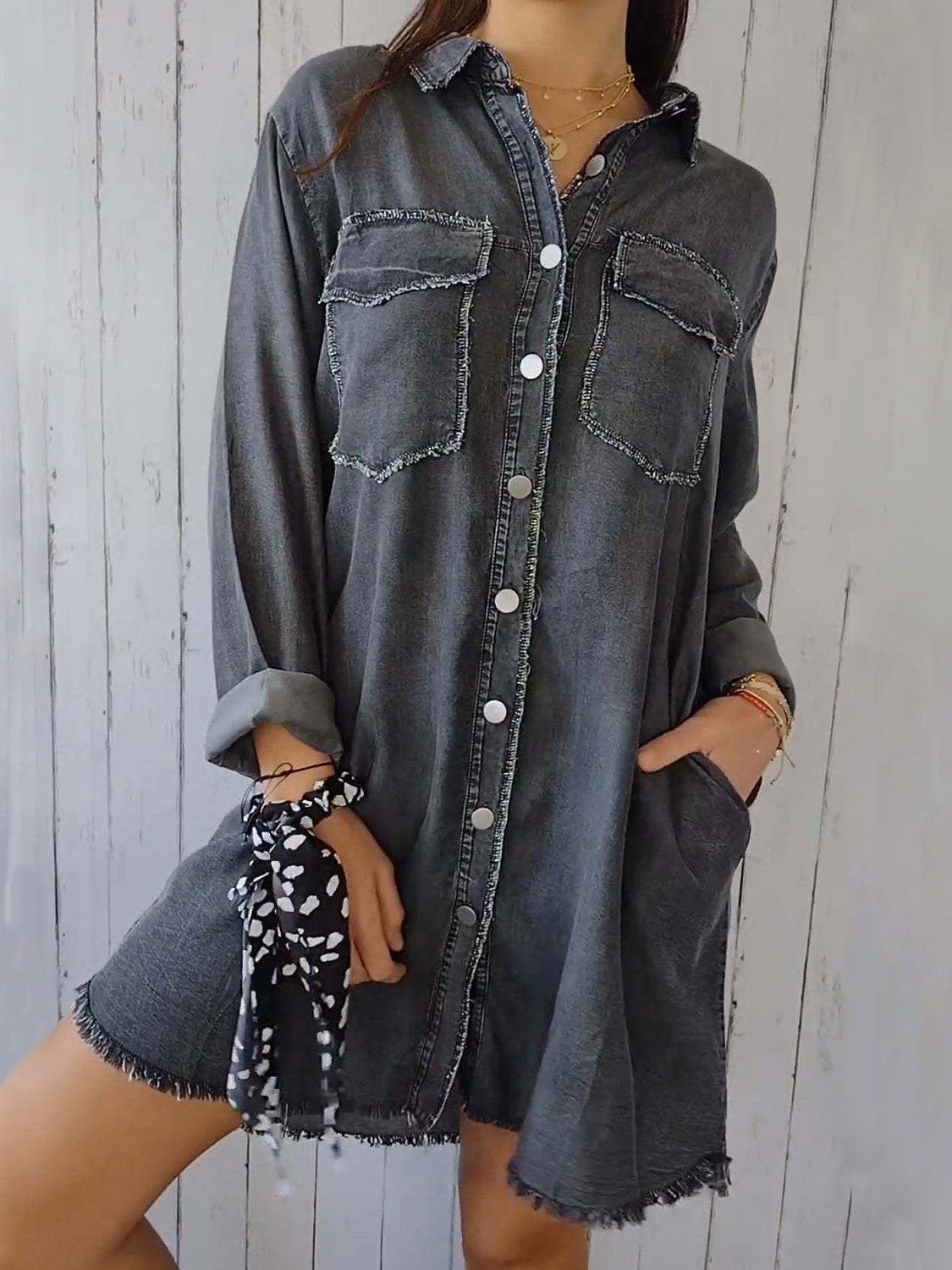 Full Size Raw Hem Button Up Long Sleeve Denim Top Plus Size-TOPS / DRESSES-[Adult]-[Female]-Dark Gray-S-2022 Online Blue Zone Planet