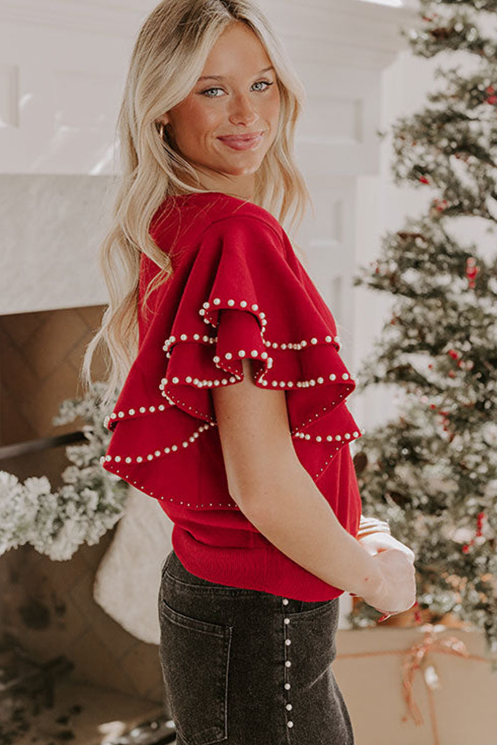 Racing Red Pearl Embellished Double Ruffle Short Sleeve Sweater-TOPS / DRESSES-[Adult]-[Female]-2022 Online Blue Zone Planet