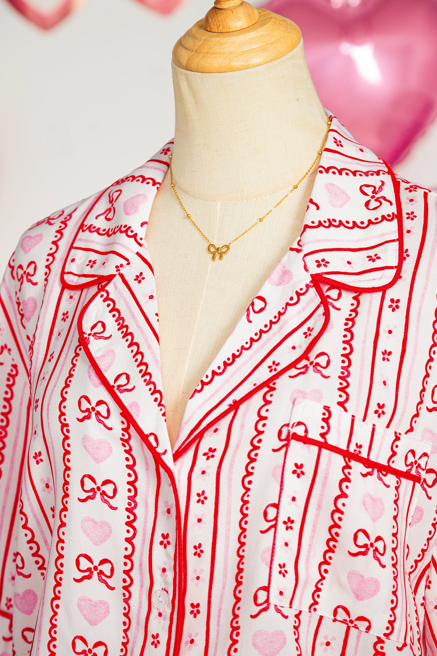 Red Cute Bow Heart Print Ribbon Decor Short 2pcs Pajama Set-Loungewear & Sleepwear/Sleepwear-[Adult]-[Female]-2022 Online Blue Zone Planet