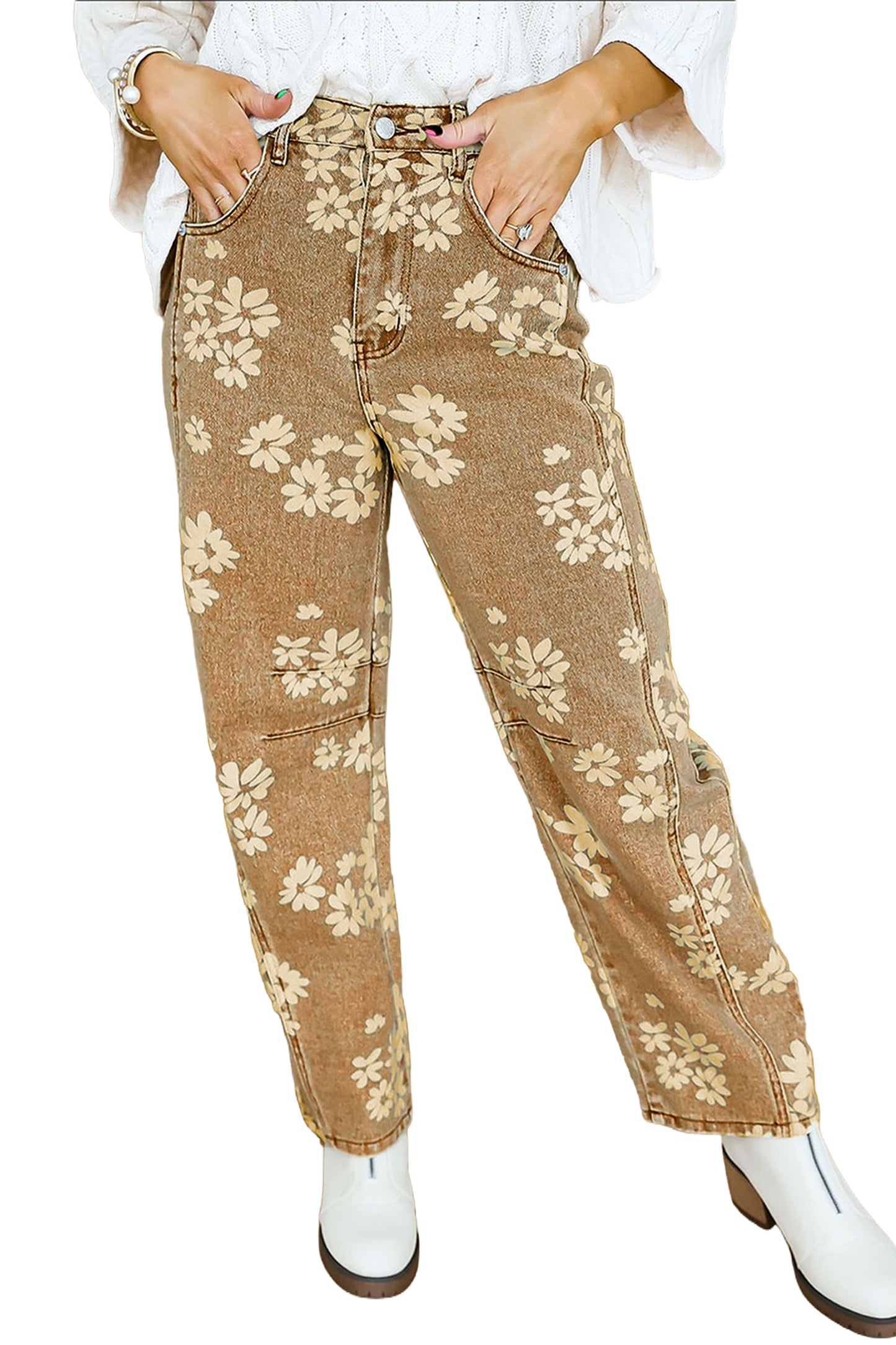 Khaki Floral Print Metal Button Pleated Straight Leg Jeans-Bottoms/Jeans-[Adult]-[Female]-2022 Online Blue Zone Planet