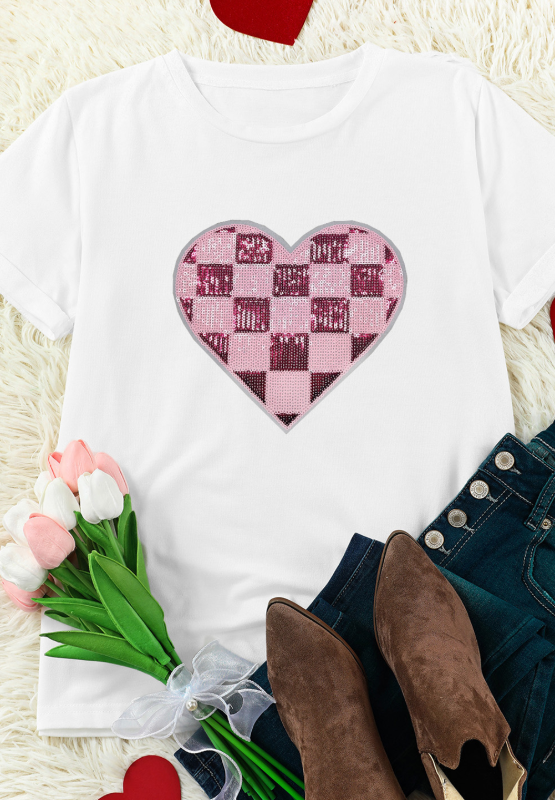 Sequin Checkered Heart Round Neck Short Sleeve T-Shirt-TOPS / DRESSES-[Adult]-[Female]-2022 Online Blue Zone Planet