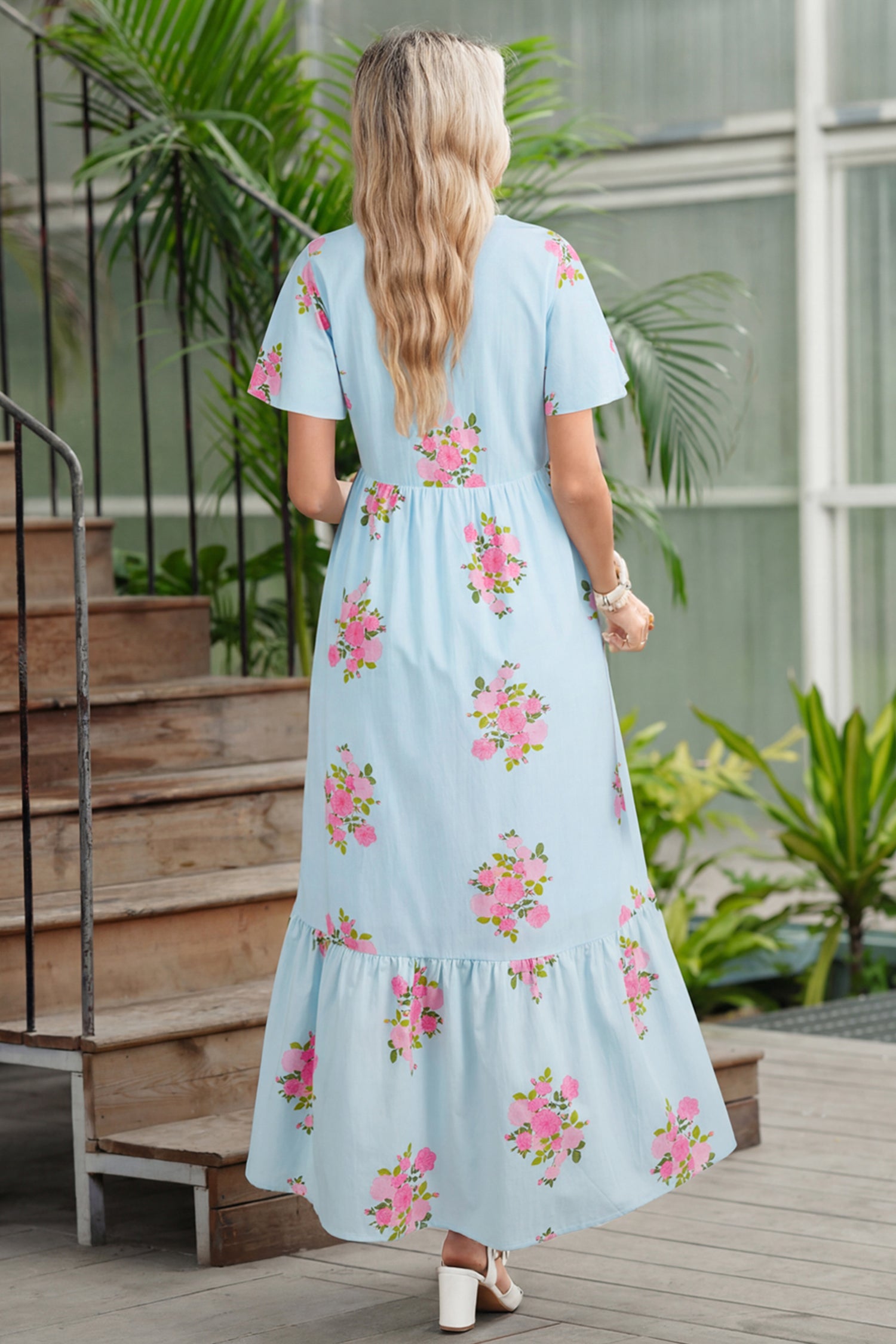 Sky Blue Notched Neck Flutter Short Sleeve Floral Print Maxi Dress-TOPS / DRESSES-[Adult]-[Female]-2022 Online Blue Zone Planet