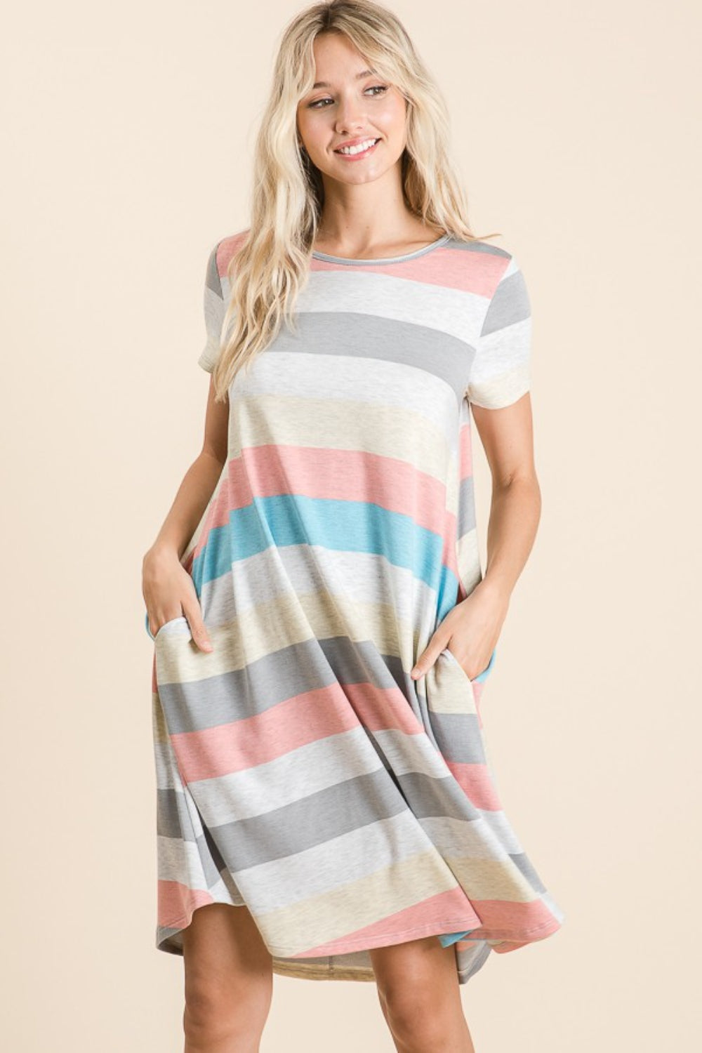 BOMBOM Striped Short Sleeve Dress with Pockets-TOPS / DRESSES-[Adult]-[Female]-2022 Online Blue Zone Planet