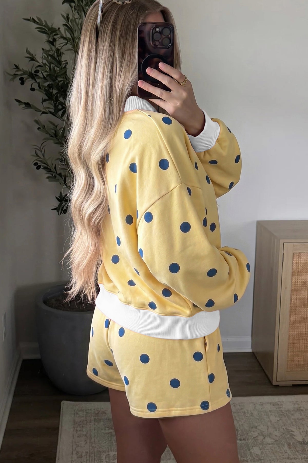 Yellow Polka Dot Ribbed Trim Long Sleeve Top Casual Short Set-Two Piece Sets/Short Sets-[Adult]-[Female]-2022 Online Blue Zone Planet