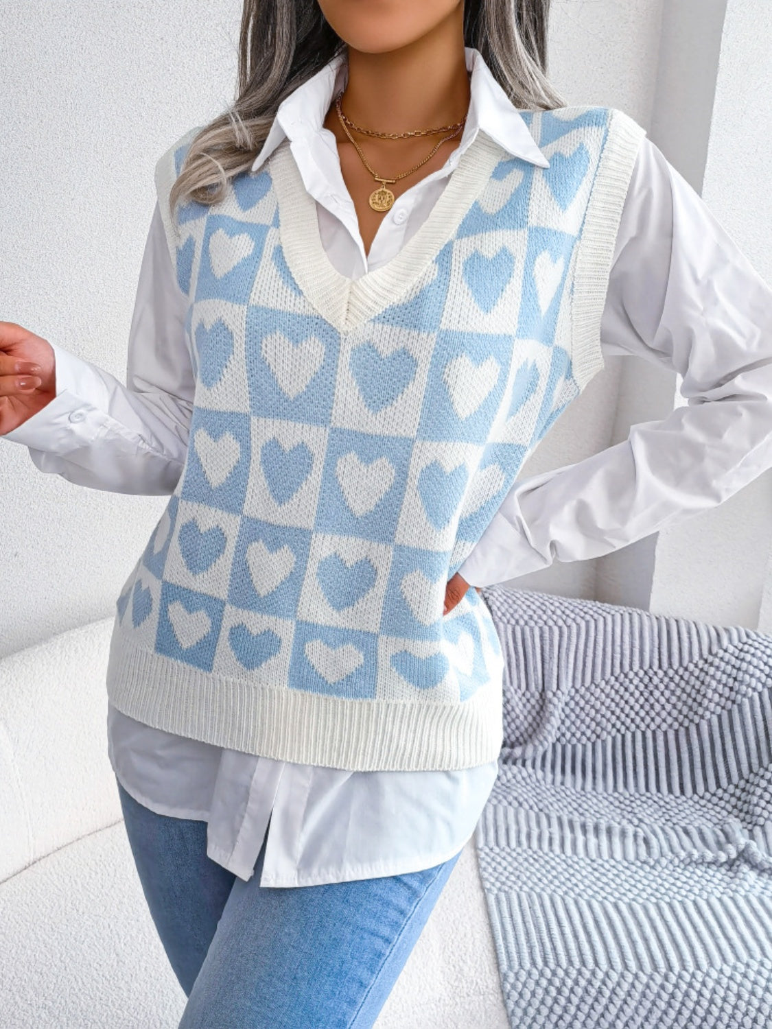 Blue Zone Planet | Heart V-Neck Sweater Vest-TOPS / DRESSES-[Adult]-[Female]-2022 Online Blue Zone Planet