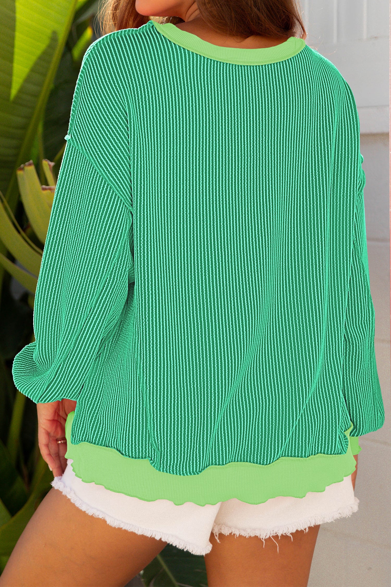 Bright Green Twisted Rib St Patricks Day Sequin Patch Graphic Long Sleeve Top-Graphic/Graphic Long Sleeve Tees-[Adult]-[Female]-2022 Online Blue Zone Planet