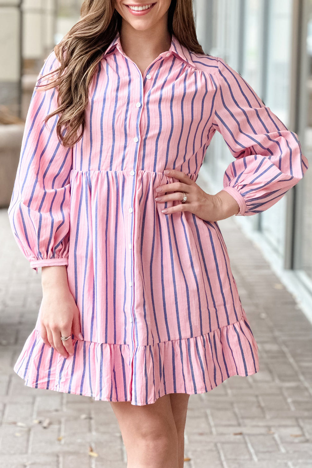 Pink Stripe Ruffled Hem Button-up Collared Shirt Mini Dress-Dresses/Mini Dresses-[Adult]-[Female]-Pink Stripe-S-2022 Online Blue Zone Planet