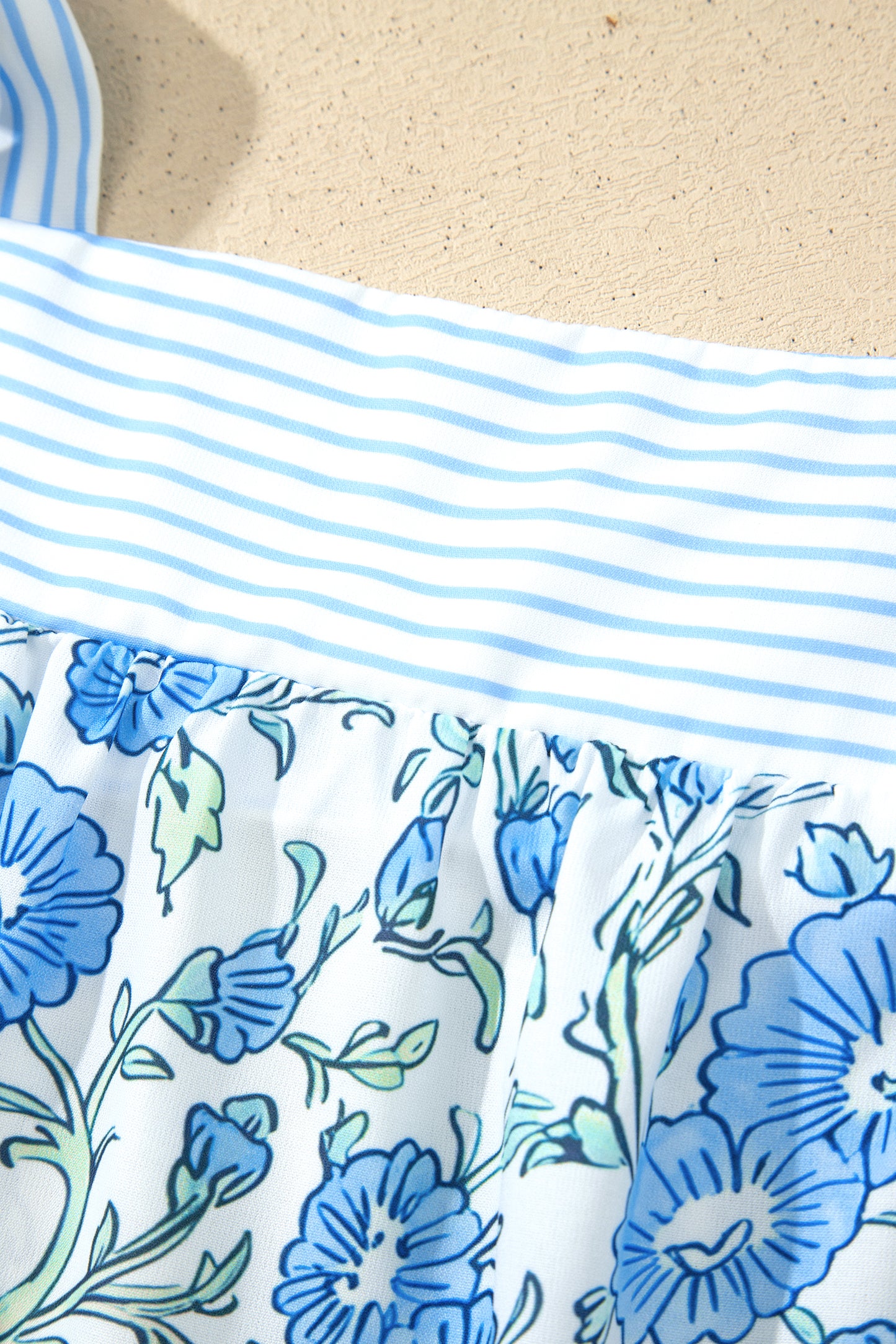 Sky Blue Floral Striped Patchwork Knot Straps 2pcs Short Set-Two Piece Sets/Short Sets-[Adult]-[Female]-2022 Online Blue Zone Planet