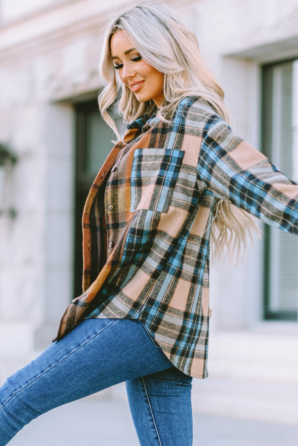 Brown Plaid Color Block Buttoned Shirt with Pockets-Tops/Blouses & Shirts-[Adult]-[Female]-2022 Online Blue Zone Planet