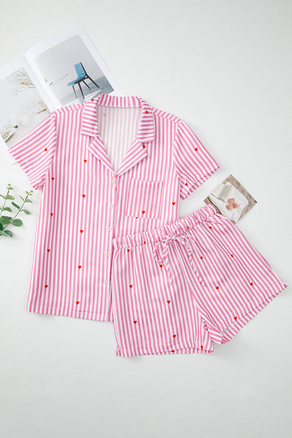 Pink Striped Heart Print Shirt and Shorts Pajama Set-Loungewear Set-[Adult]-[Female]-2022 Online Blue Zone Planet