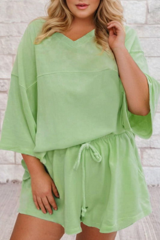 Meadow Mist Green Plus Size V Neck Drop Shoulder Tee Loose Shorts 2pcs Outfit-Plus Size/Plus Size Loungewear-[Adult]-[Female]-Meadow Mist Green-1X-2022 Online Blue Zone Planet