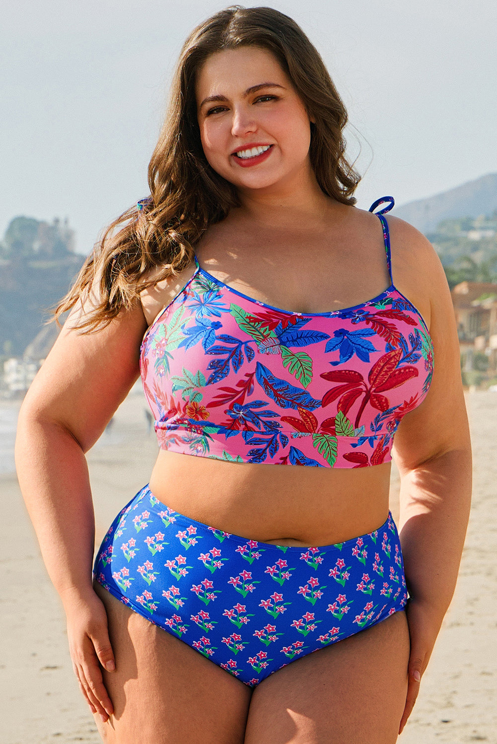 Blue Fashion Print Tied Straps Crop Vest and High Waist Plus Size Bikini-Plus Size/Plus Size Swimwear-[Adult]-[Female]-2022 Online Blue Zone Planet
