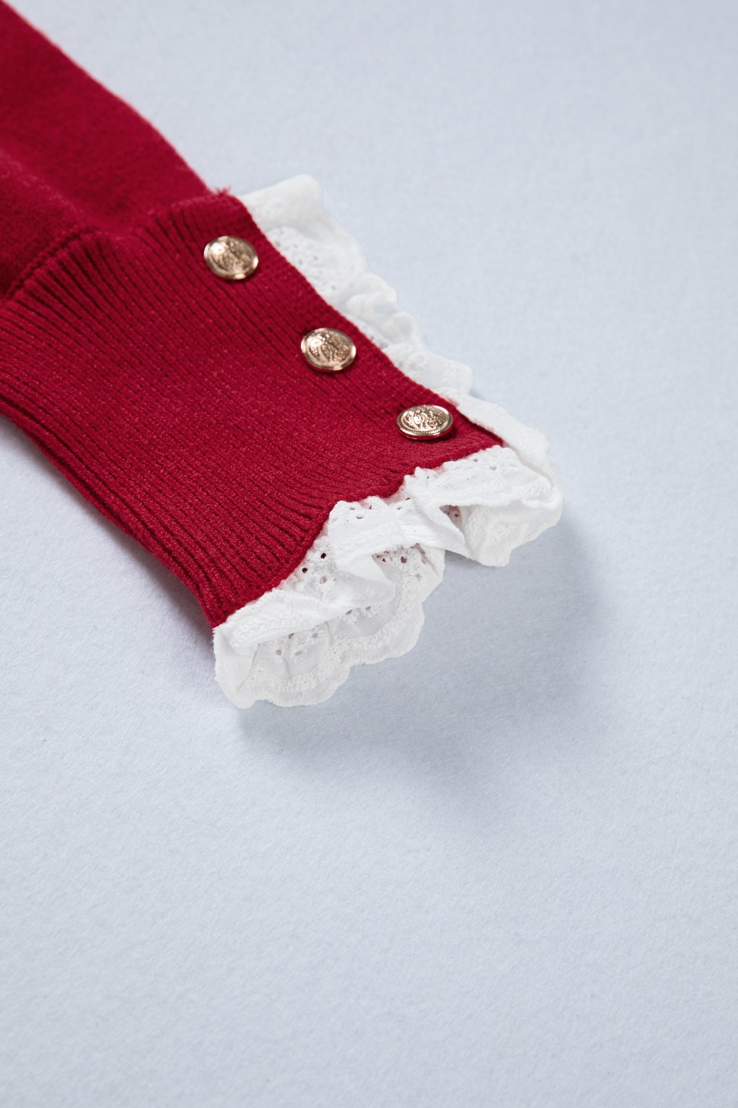 Racing Red Lace Trim Patchwork Buttoned Cuffs Loose Sweater-TOPS / DRESSES-[Adult]-[Female]-2022 Online Blue Zone Planet