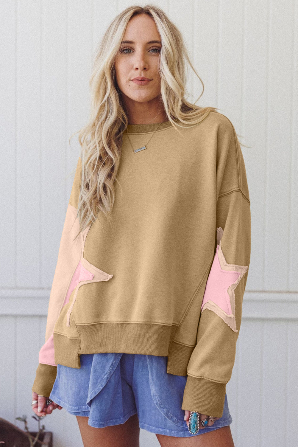 Sage Green Contrast Star Patchwork Exposed Seam Uneven Hem Drop Shoulder Sweatshirt-Tops/Sweatshirts & Hoodies-[Adult]-[Female]-2022 Online Blue Zone Planet