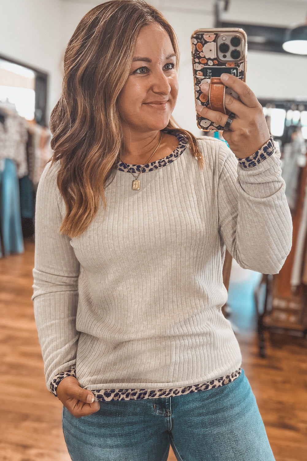 Parchment Ribbed Contrast Leopard Edge Round Neck Plus Knit Top-Plus Size/Plus Size Tops/Plus Size Long Sleeve Tops-[Adult]-[Female]-2022 Online Blue Zone Planet