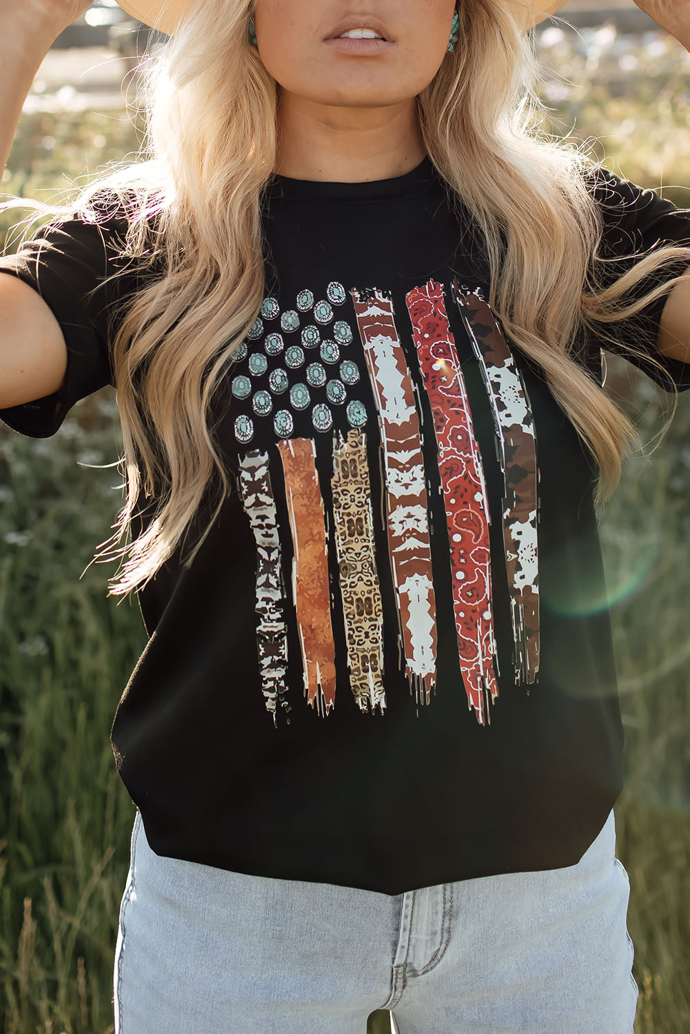 Black Western American Flag Graphic Tee-Graphic/Graphic Tees-[Adult]-[Female]-Black-S-2022 Online Blue Zone Planet