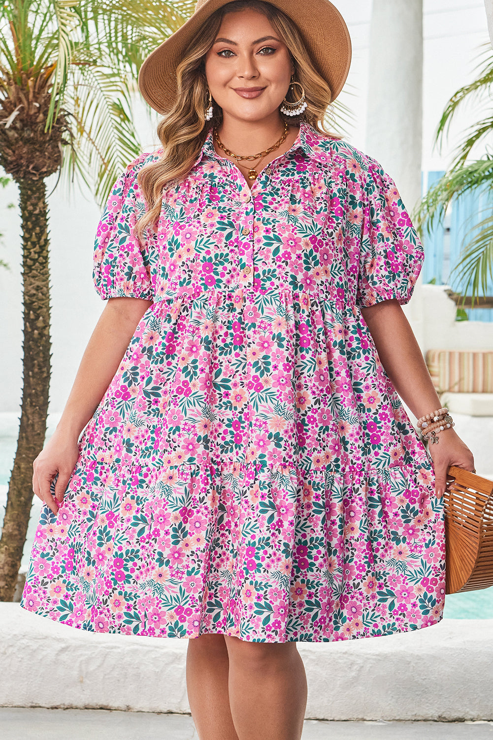 Pink Plus Size Floral Half Button Short Puff Sleeve A-line Dress-TOPS / DRESSES-[Adult]-[Female]-2022 Online Blue Zone Planet