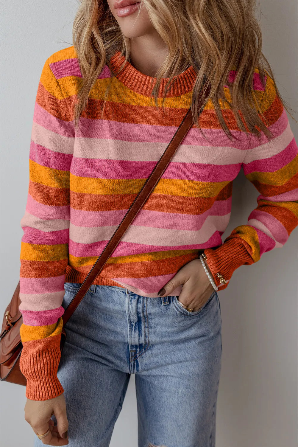 Striped Round Neck Long Sleeve Sweater-TOPS / DRESSES-[Adult]-[Female]-Orange-XL-2022 Online Blue Zone Planet