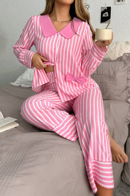 Pink Stripe Buttoned Front Long Sleeve Top and Pants 2 Piece Sleepwear-Loungewear & Sleepwear/Sleepwear-[Adult]-[Female]-Pink Stripe-S-2022 Online Blue Zone Planet