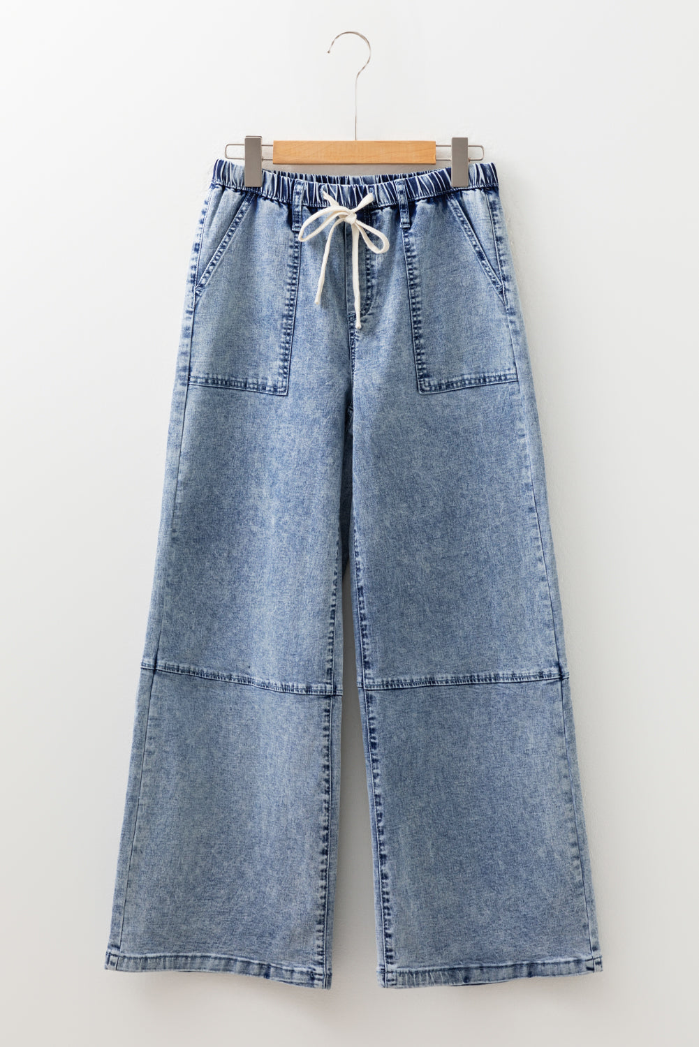 Ashleigh Blue Acid Wash Exposed Seam Drawstring High Waist Jeans-Bottoms/Jeans-[Adult]-[Female]-2022 Online Blue Zone Planet