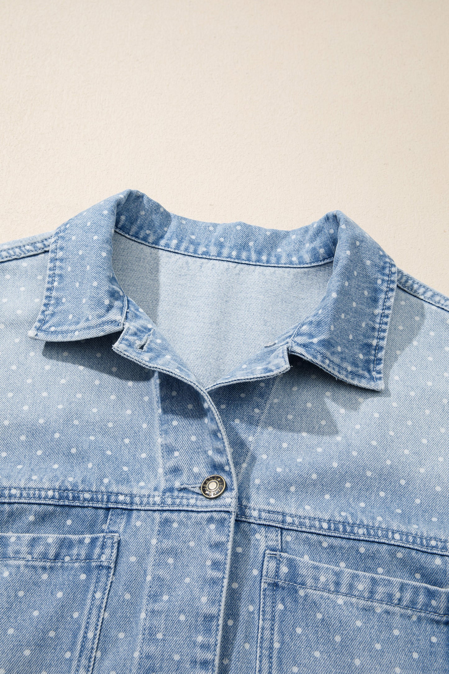 Sky Blue Polka Dot Long Sleeve Collar Pocket Casual Shift Silhouette Denim Jacket-Outerwear/Denim jackets-[Adult]-[Female]-2022 Online Blue Zone Planet