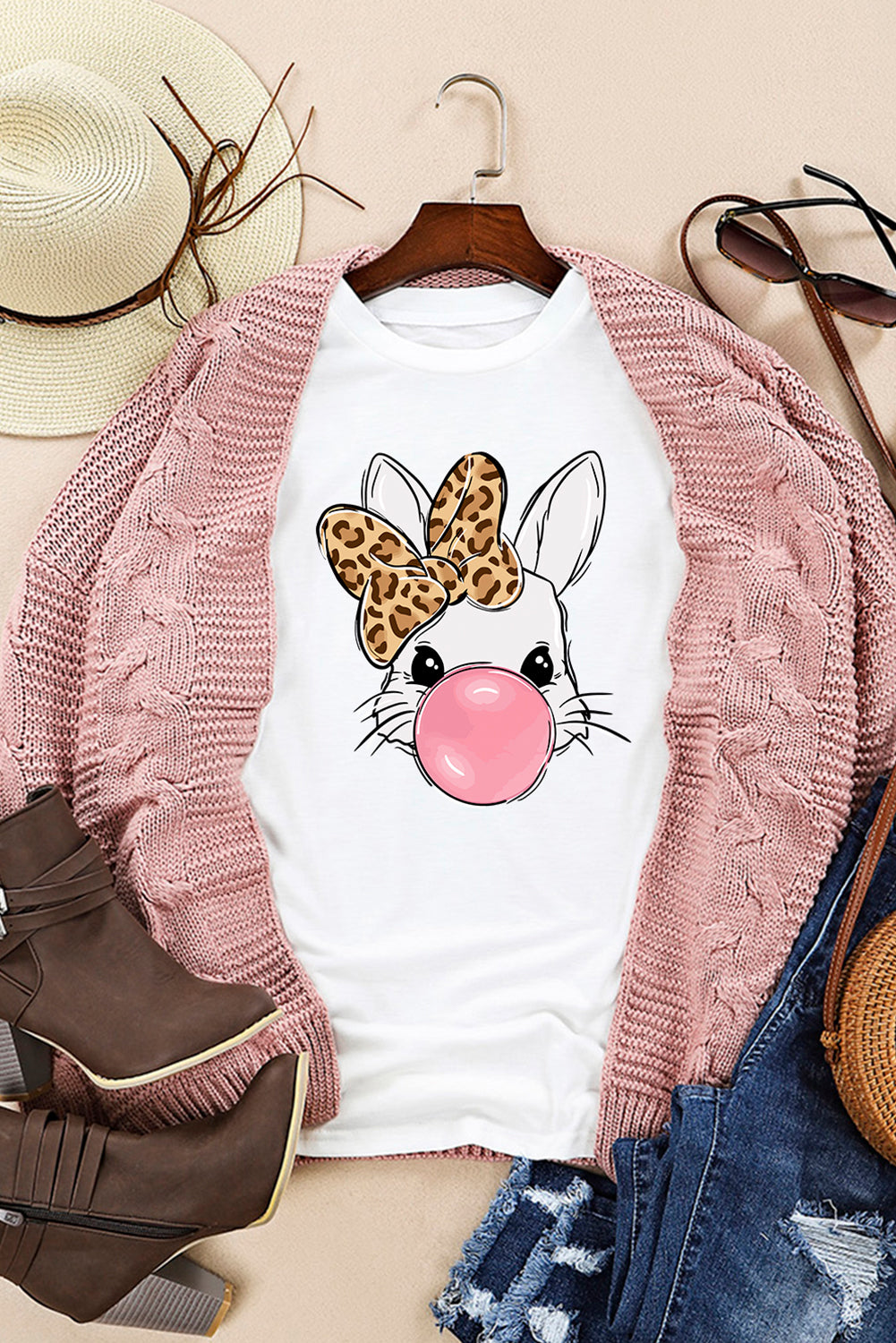 White Leopard Bow Bubble Rabbit Graphic Tee-Graphic/Graphic Tees-[Adult]-[Female]-2022 Online Blue Zone Planet