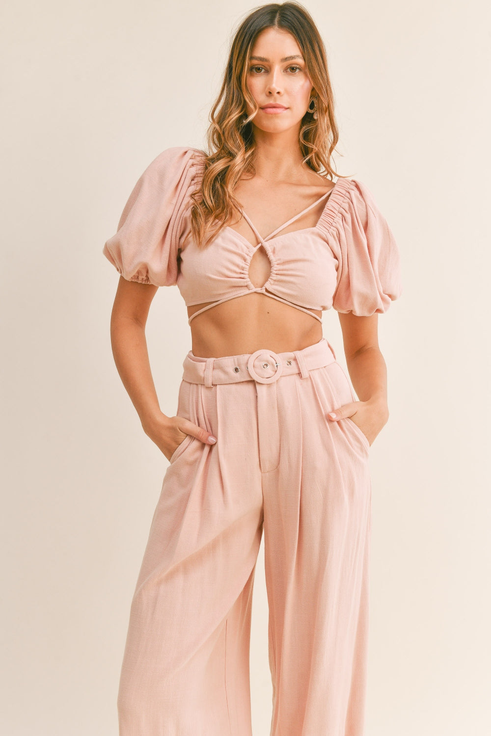 Blue Zone Planet | MABLE Cut Out Drawstring Crop Top and Belted Pants Set-TOPS / DRESSES-[Adult]-[Female]-2022 Online Blue Zone Planet