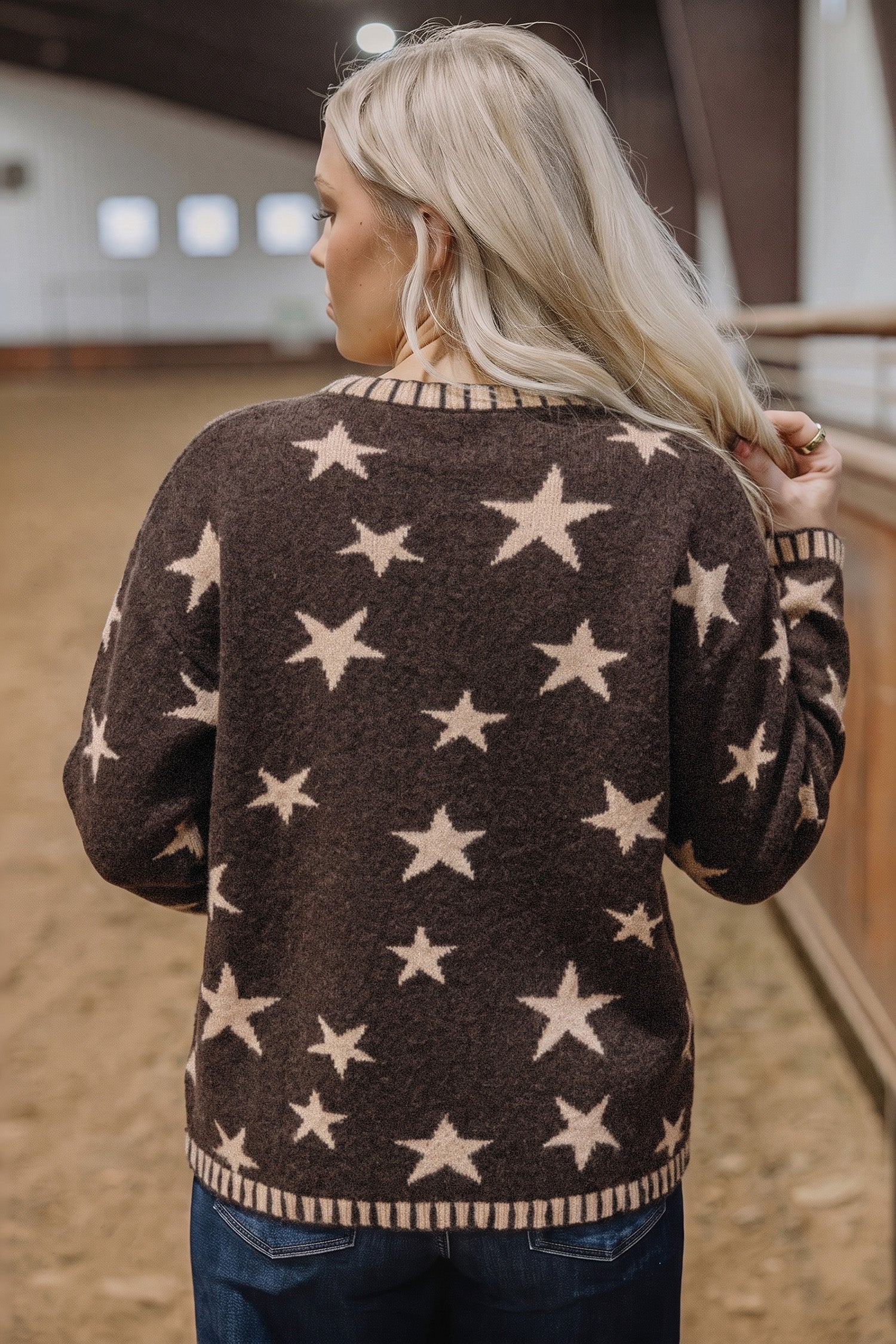 Brown Stars Pattern Colorblock Long Sleeve Shift Cardigan-Sweaters & Cardigans/Cardigans-[Adult]-[Female]-2022 Online Blue Zone Planet