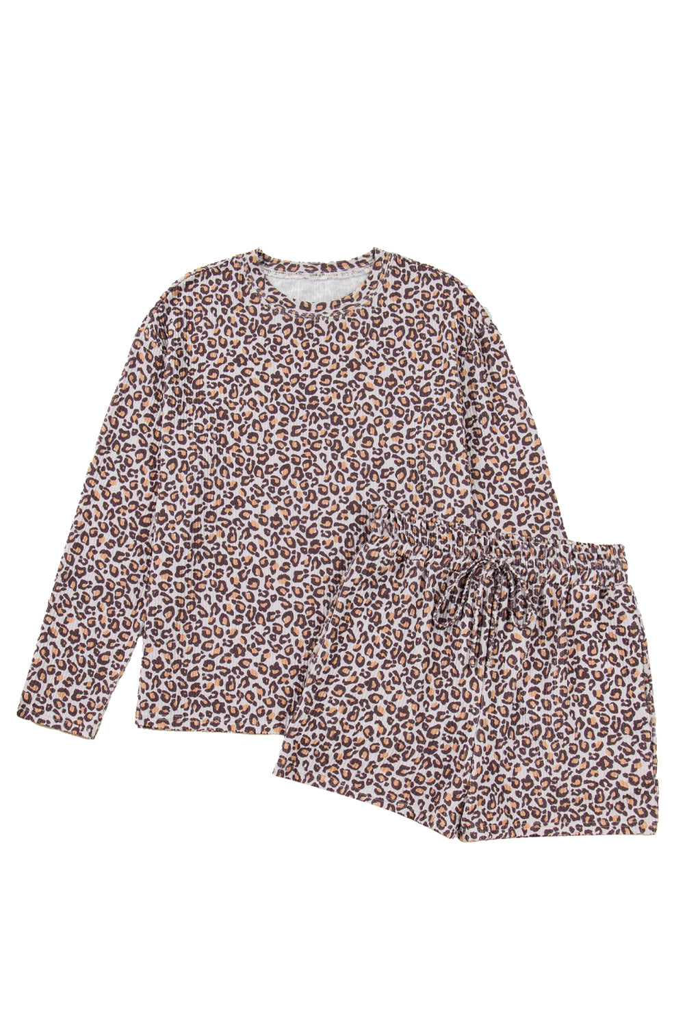 Khaki Leopard Ribbed Long Sleeve Top Drawstring Shorts 2pcs Outfit-Two Piece Sets/Short Sets-[Adult]-[Female]-2022 Online Blue Zone Planet