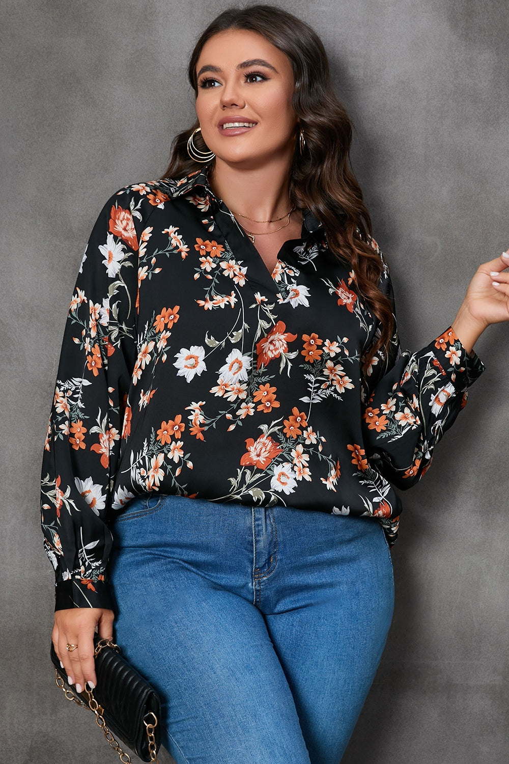 Plus Size Printed Johnny Collar Long Sleeve Blouse-TOPS / DRESSES-[Adult]-[Female]-Black-1XL-2022 Online Blue Zone Planet