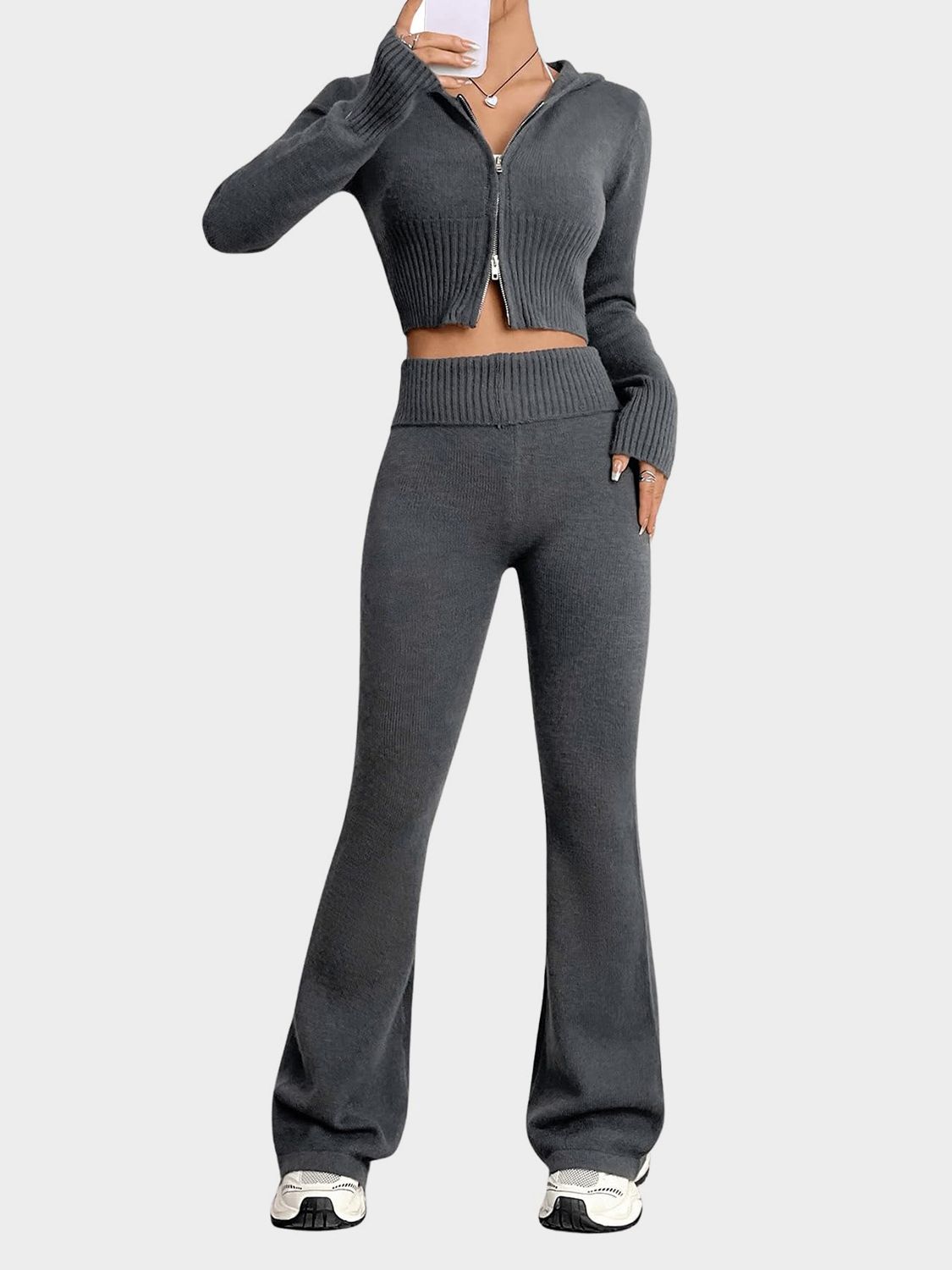 Blue Zone Planet | Zip Up Hooded Top and Flare Pants Sweater Set-BOTTOMS SIZES SMALL MEDIUM LARGE-[Adult]-[Female]-Dark Gray-One Size-2022 Online Blue Zone Planet