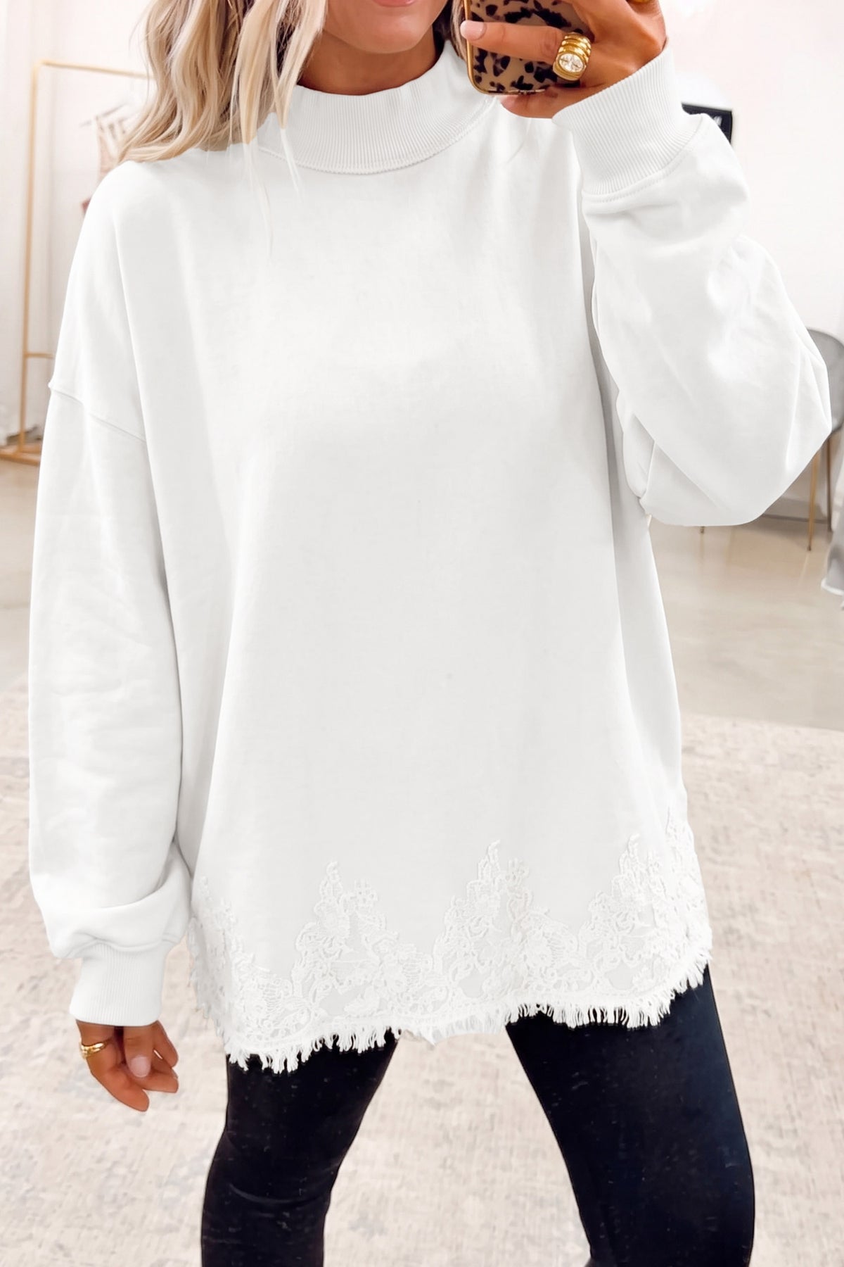 Fushia Solid Color Lace Splicing Hem Mock Neck Pullover Sweatshirt-Tops/Sweatshirts & Hoodies-[Adult]-[Female]-Beige-S-2022 Online Blue Zone Planet
