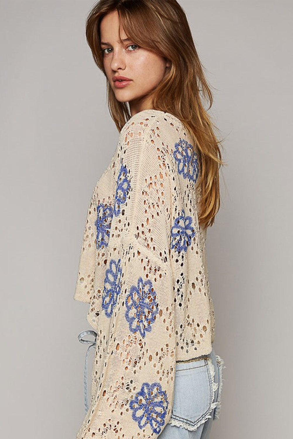 Beige Contrast Flower Print Eyelet Drop Shoulder Sweater-Sweaters & Cardigans/Sweaters-[Adult]-[Female]-2022 Online Blue Zone Planet