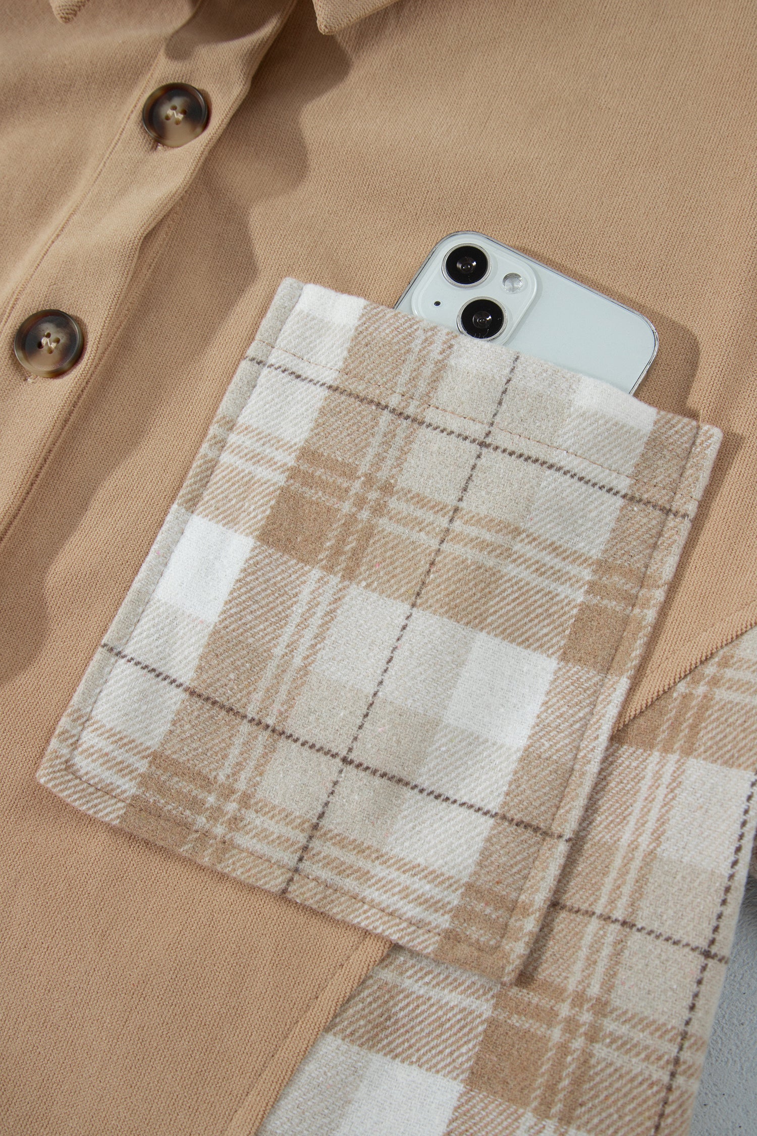 Light French Beige Plaid Colorblock Shirt Collar Shift Shacket-Outerwear/Jackets-[Adult]-[Female]-2022 Online Blue Zone Planet