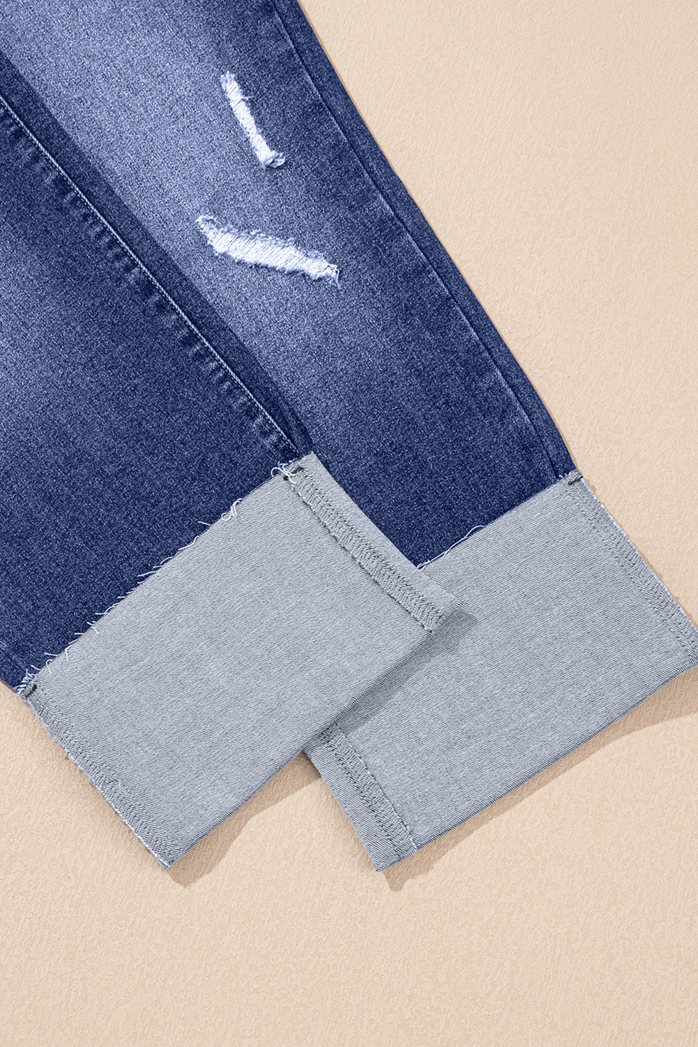 Real Teal Folded Cuffs Distressed Straight High Waist Jeans-Bottoms/Jeans-[Adult]-[Female]-2022 Online Blue Zone Planet