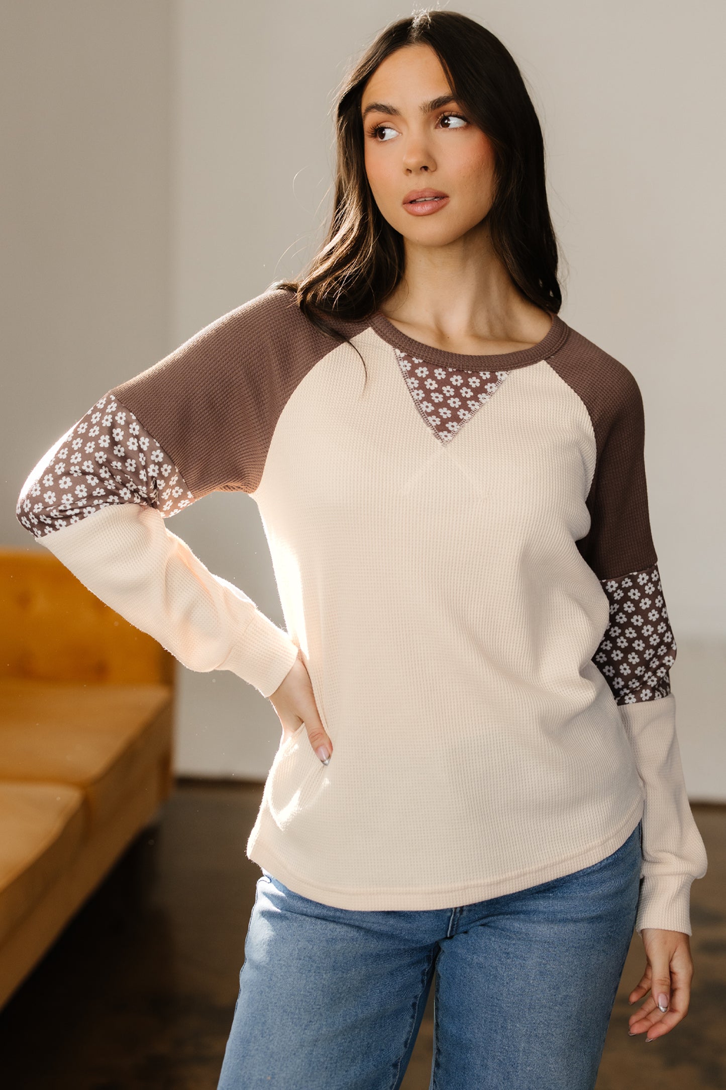 Brown Floral Print Patchwork Color Block Long Sleeve Top-Tops/Long Sleeve Tops-[Adult]-[Female]-2022 Online Blue Zone Planet