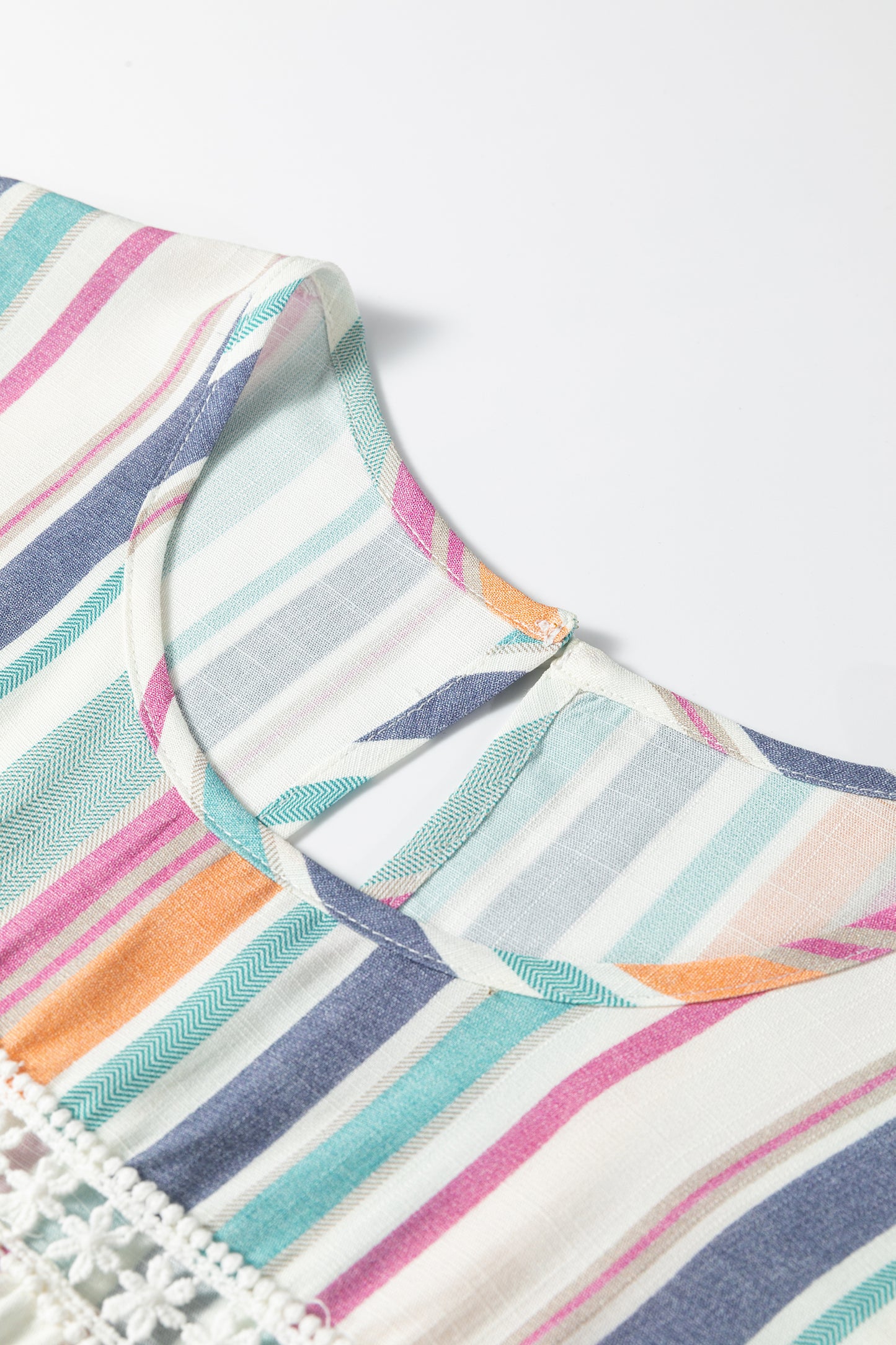 Light Blue Lace Hollow-out Insert Flutter Sleeve Striped Blouse-Tops/Blouses & Shirts-[Adult]-[Female]-2022 Online Blue Zone Planet