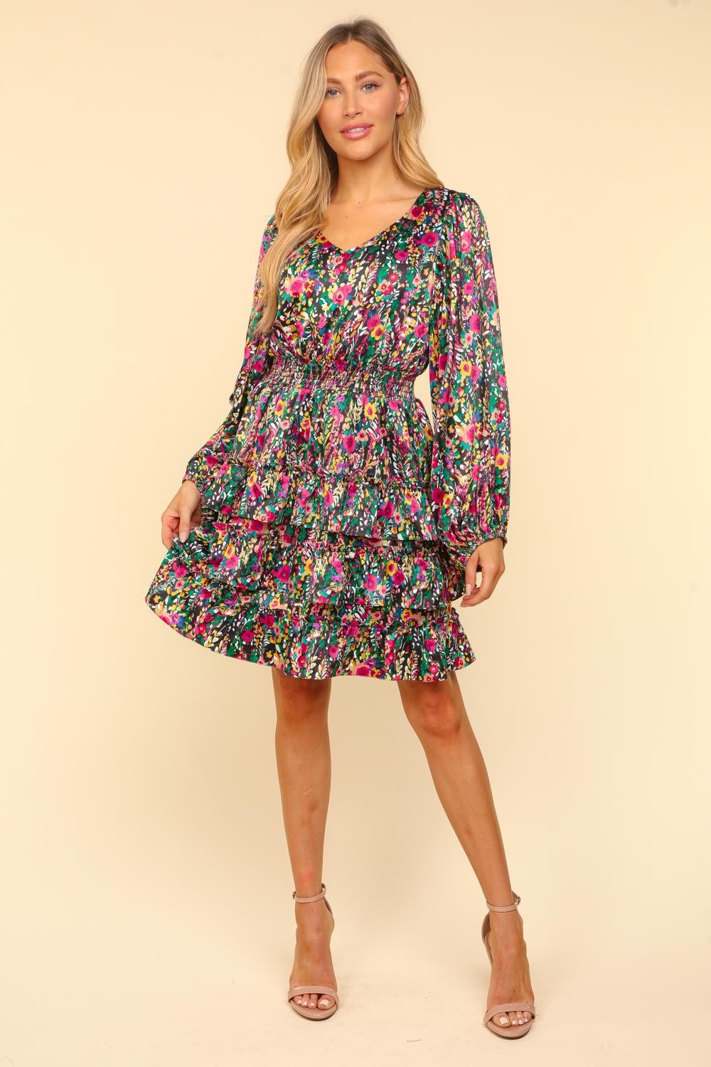 Haptics V-Neck Satin Floral Layered Dress-TOPS / DRESSES-[Adult]-[Female]-Multi-S-2022 Online Blue Zone Planet