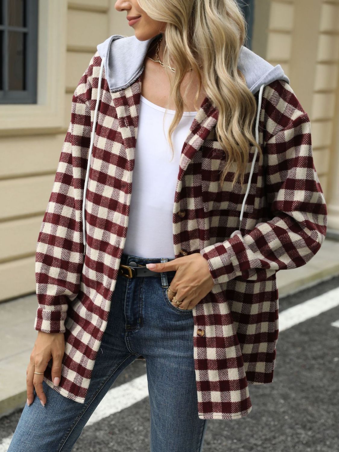 Drawstring Plaid Long Sleeve Hooded Jacket-TOPS / DRESSES-[Adult]-[Female]-Dark Brown-S-2022 Online Blue Zone Planet