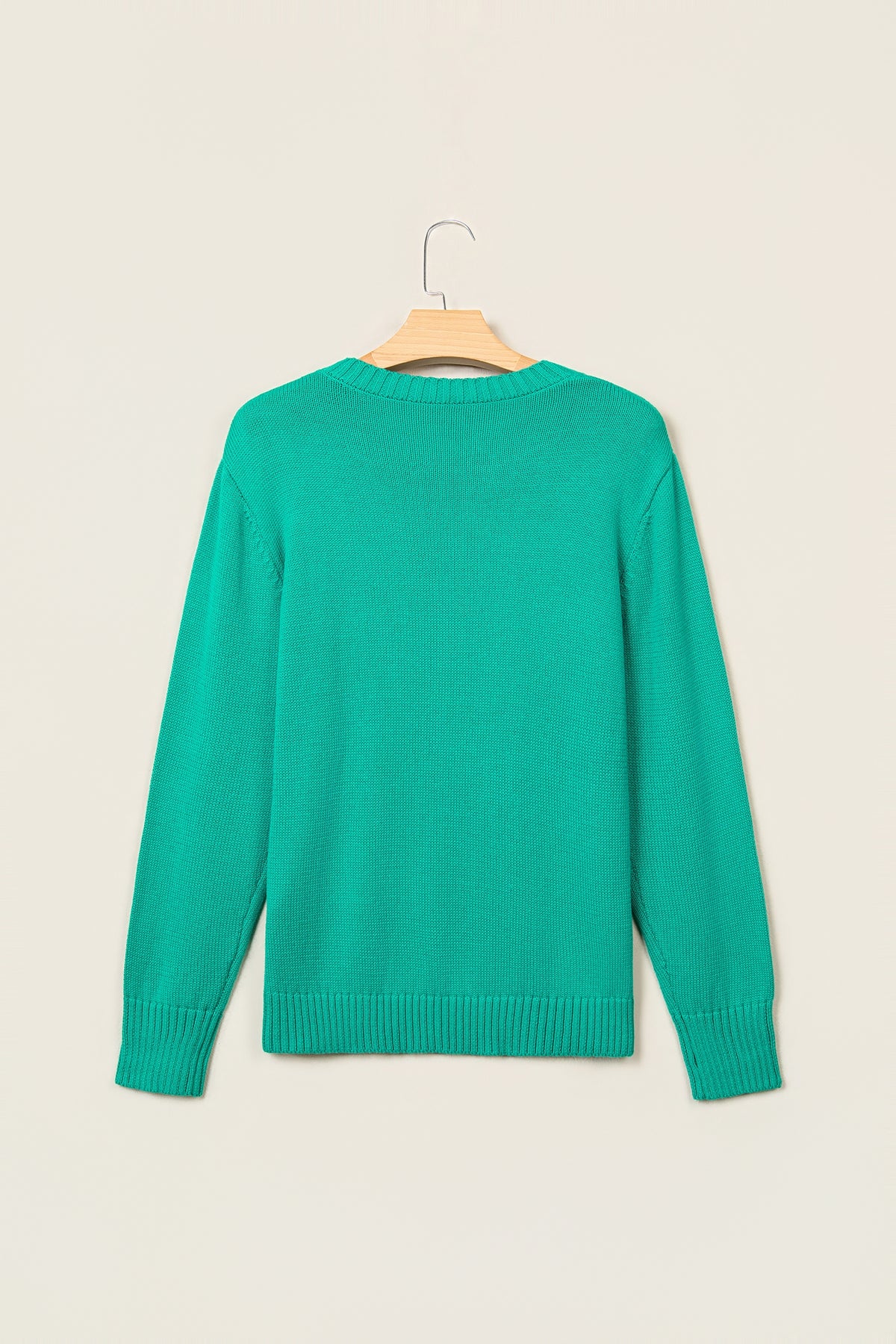 Bright Green Merry Print Ribbed Trim Round Neck Loose Fit Sweater-Sweaters & Cardigans/Sweaters-[Adult]-[Female]-2022 Online Blue Zone Planet