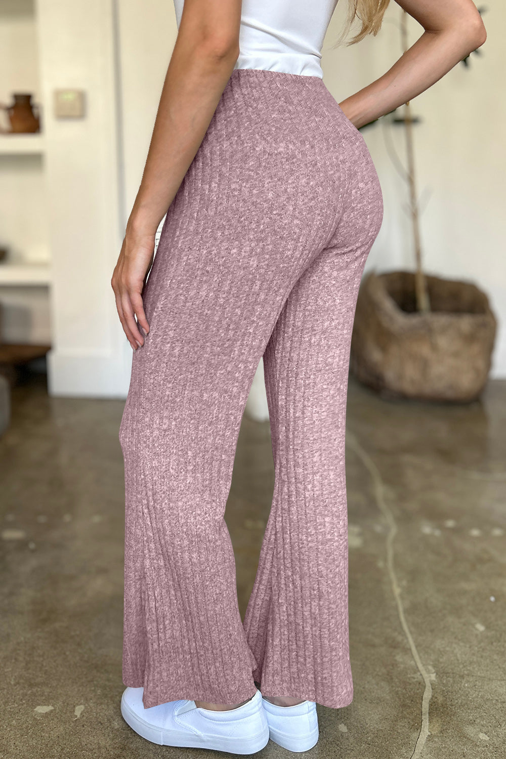 Blue Zone Planet | FAM-FAM Ribbed High Waist Flare Pants-BOTTOMS SIZES SMALL MEDIUM LARGE-[Adult]-[Female]-Dusty Pink-S-2022 Online Blue Zone Planet