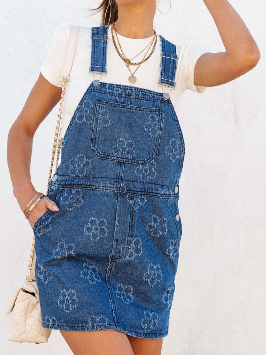 Flower Wide Strap Denim Overall Dress with Pockets-TOPS / DRESSES-[Adult]-[Female]-2022 Online Blue Zone Planet