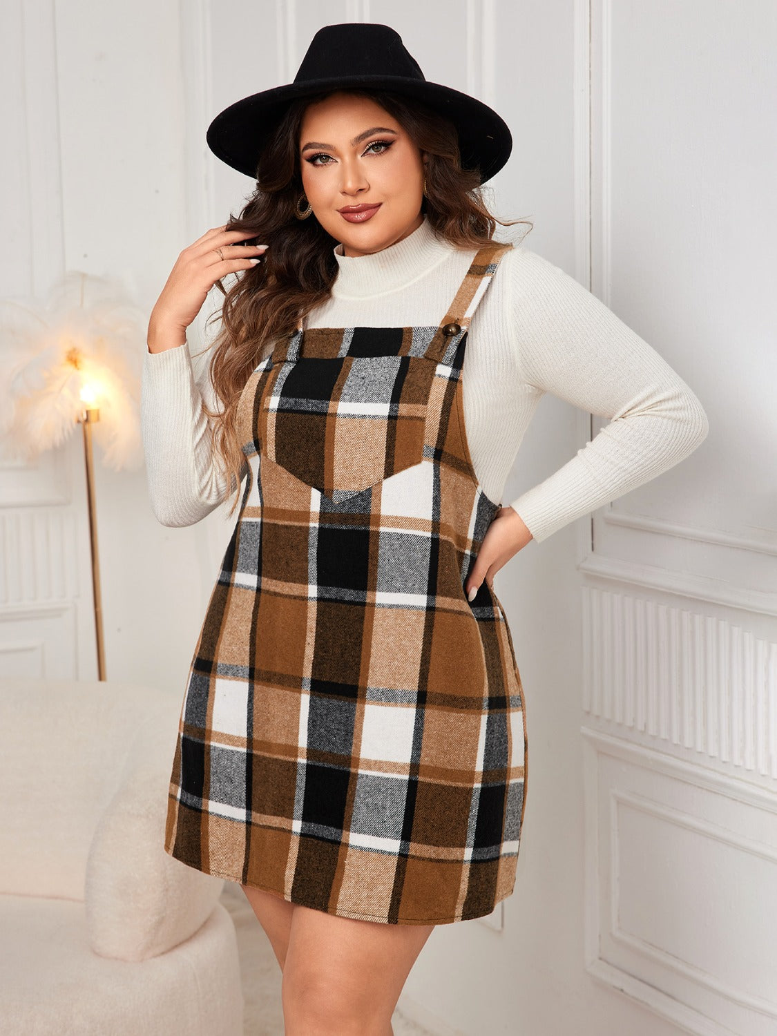 Blue Planet | Plus Size Plaid Wide Strap Overall Dress - Blue Blue Planet | Plus Size Plaid Wide Strap Overall Dress - Blue