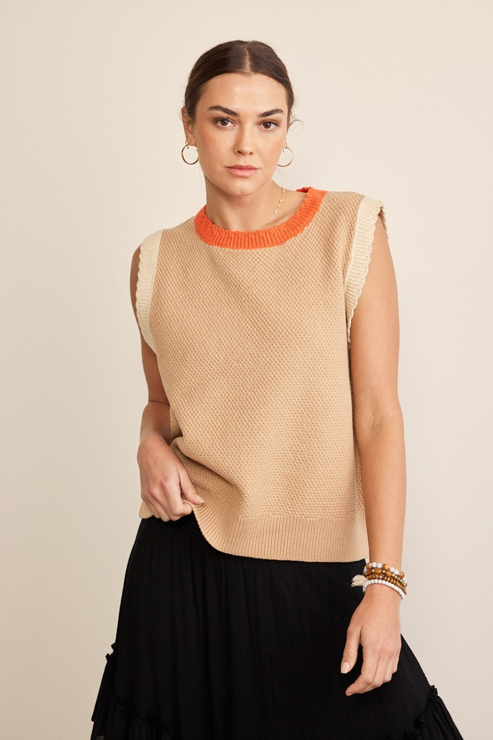 In February Contrast Round Neck Sweater Vest-TOPS / DRESSES-[Adult]-[Female]-Taupe Multi-S-2022 Online Blue Zone Planet